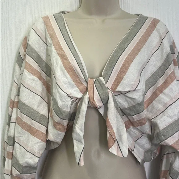 Zara - Striped Colorful Linen Blend Long Sleeve Crop Tie Blouse Size Medium - Picture 4 of 8